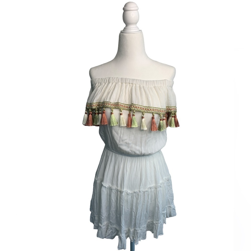 Surf Gypsy Tassel Off The Shoulder Fringe Mini Dress sz S